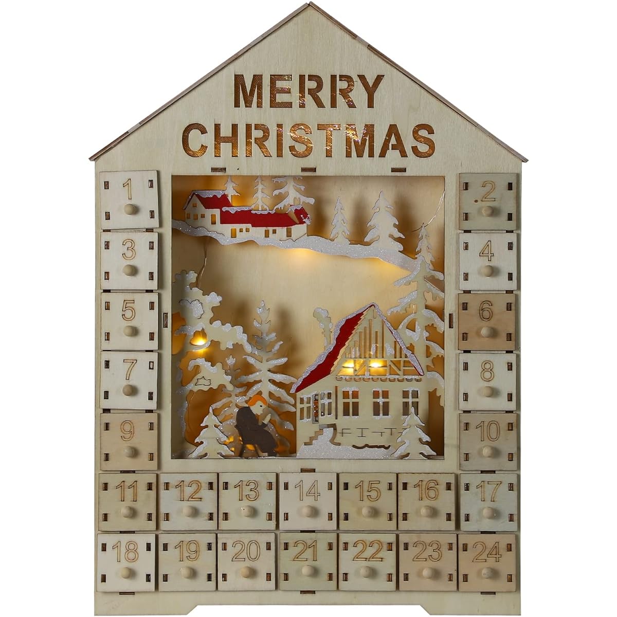 MorTime 24 Day Advent Calendar Wooden Countdown Christmas Calendar Decor with 24 Storage Drawers - Cabin in the Woods