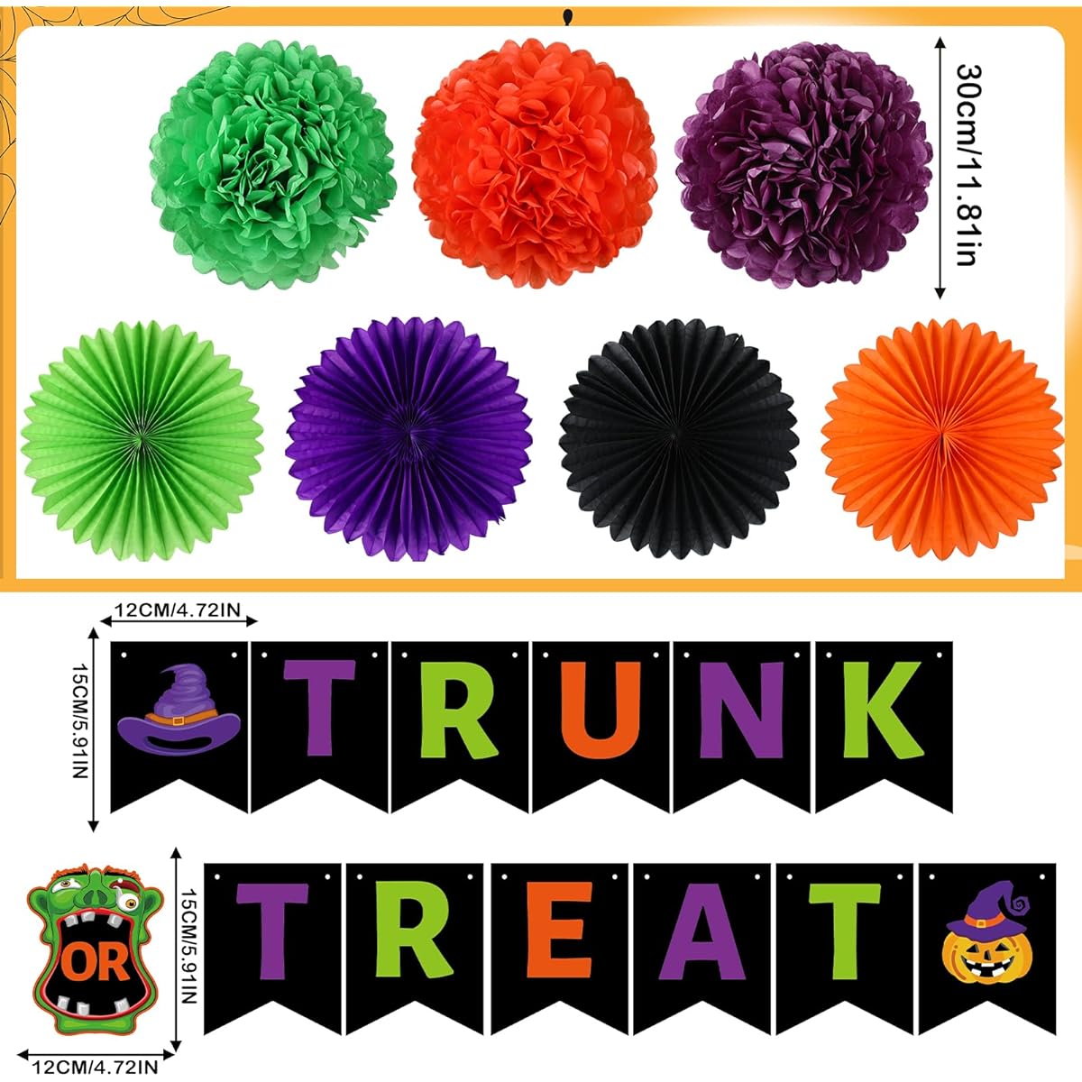Fulmoon 22 Pcs Halloween Trunk or Treat Car Decoration with Trunk or Treat Banner Paper Fan Metallic Tinsel Halloween Balloon Foil Set Sticker for Car Archway Garage Decor Car SUV Truck
