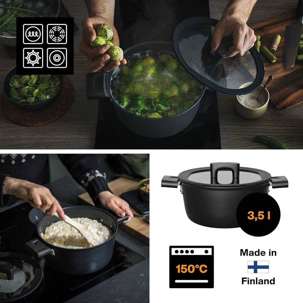 [Regular Imported Product] FISKARS Pot, IH Compatible, Gas Compatible, 22cm Casserole (with Lid), Fluorine Treated, Non-Stick "Hard Face" 1052227