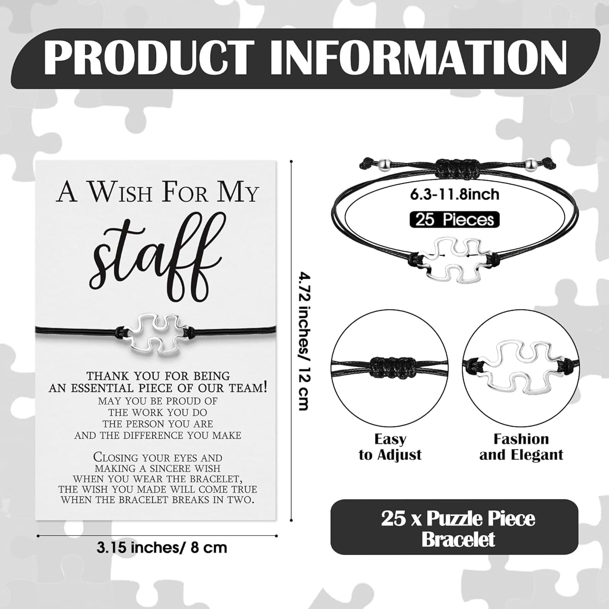 Huquary 25 Sets Employee Appreciation Gifts with Bracelets Puzzle Piece Bracelets Team Appreciation Cards Gratitude Cards Inspirational Team Gifts Appreciation Gifts for Teachers Staff, about 6.3-11.8 inches, Waxed Wire, Alloy. , No Gemstones.