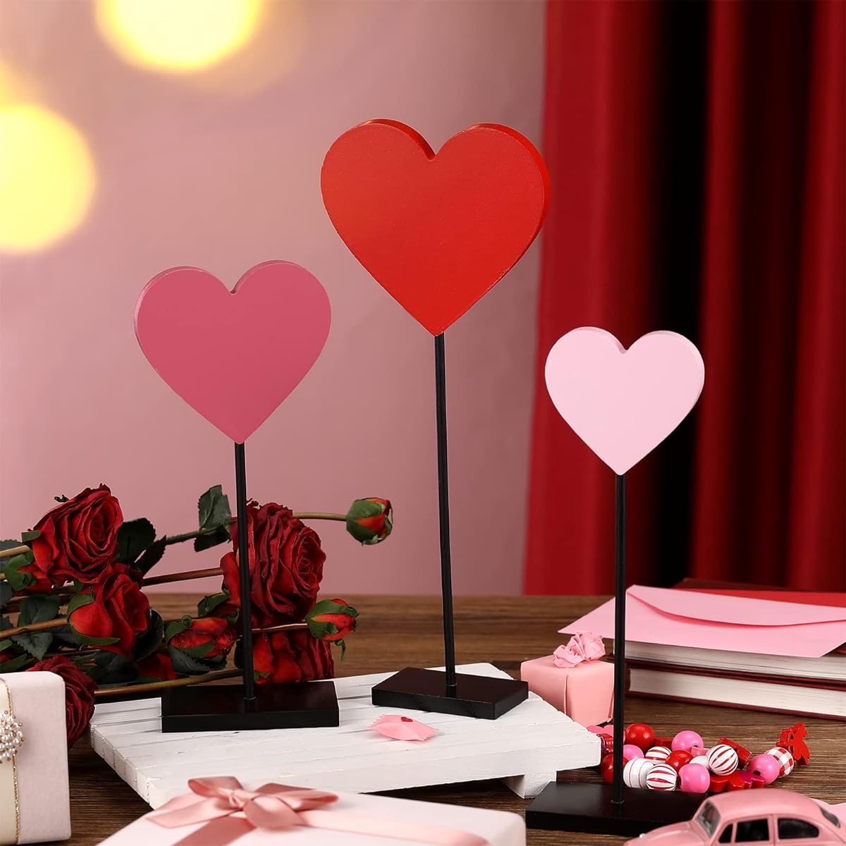3 Pieces Heart Wooden Sign with Stand Heart Shape Wooden Decor Freestanding Heart Decorations Valentine's Day Wooden Table Decor Decorative Signs Heart Tabletop Centerpieces for Home Parties (Mixed, Solid)