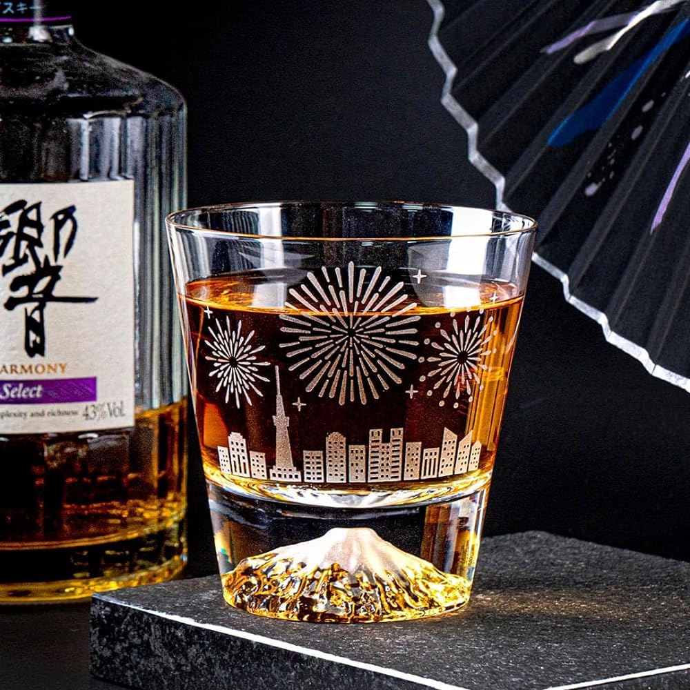 Tajima Glass Mt. Fuji Glass [Four Season Fireworks - Summer] Rocks Glass Souvenir Grand Prix Edo Glass Kiriko Whiskey Glass Rocks Glass Beer Sake Foreign Souvenir Celebration Gift Present MADE IN JAPAN Genuine TG23-015FWCY