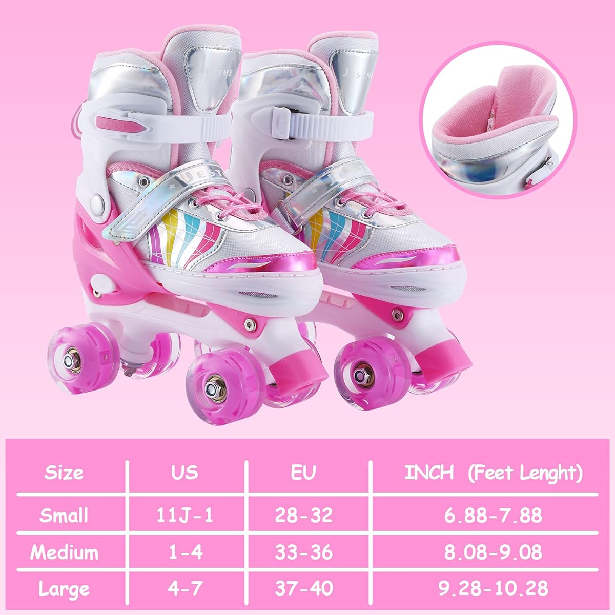 Kids Roller Skates Adjustable Girls Boys Toddler Youth Pink 4 Sizes Adjustable Light Up Roller Skates Size 11J Toddler to Size 7 Youth Ladies