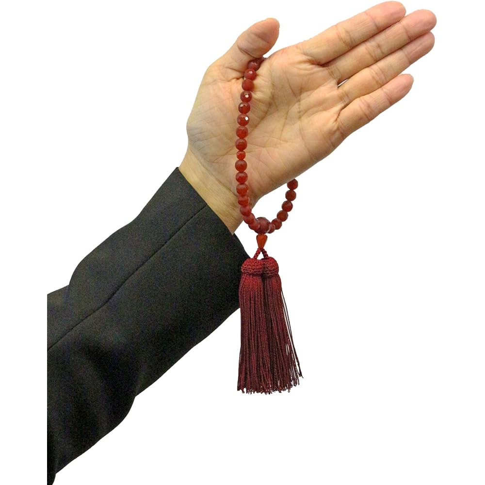 Founded in 1898, Nakago, Kyoto, Kyoto prayer beads (mala beads), agate, 8 mm, drop cut, co-tailored, straight head, dark engraved, with prayer beads bag (for women who can be used in all sects) N-20061