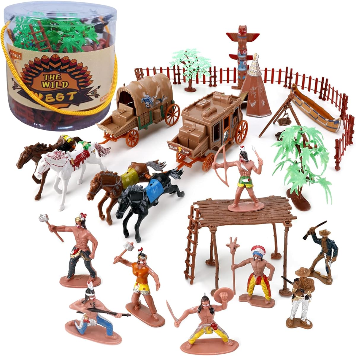 Liberty Imports Wild West Cowboys and Native American Indians Plastic Figure Soldiers Toy Bucket Playset (55 Pieces)