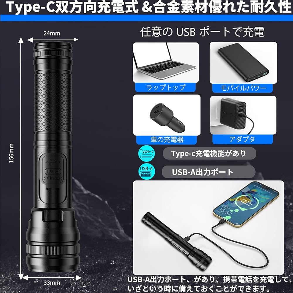 Skylla New Lightweight LED Flashlight, USB Rechargeable, Large Capacity, High Brightness 1000 Lumens, LCD Remaining Display, Zoom Adjustment, 5 Modes Dimming, IPX6 Waterproof, LED Light, Portable, Disaster Prevention, Power Outage Countermeasure, Emergen