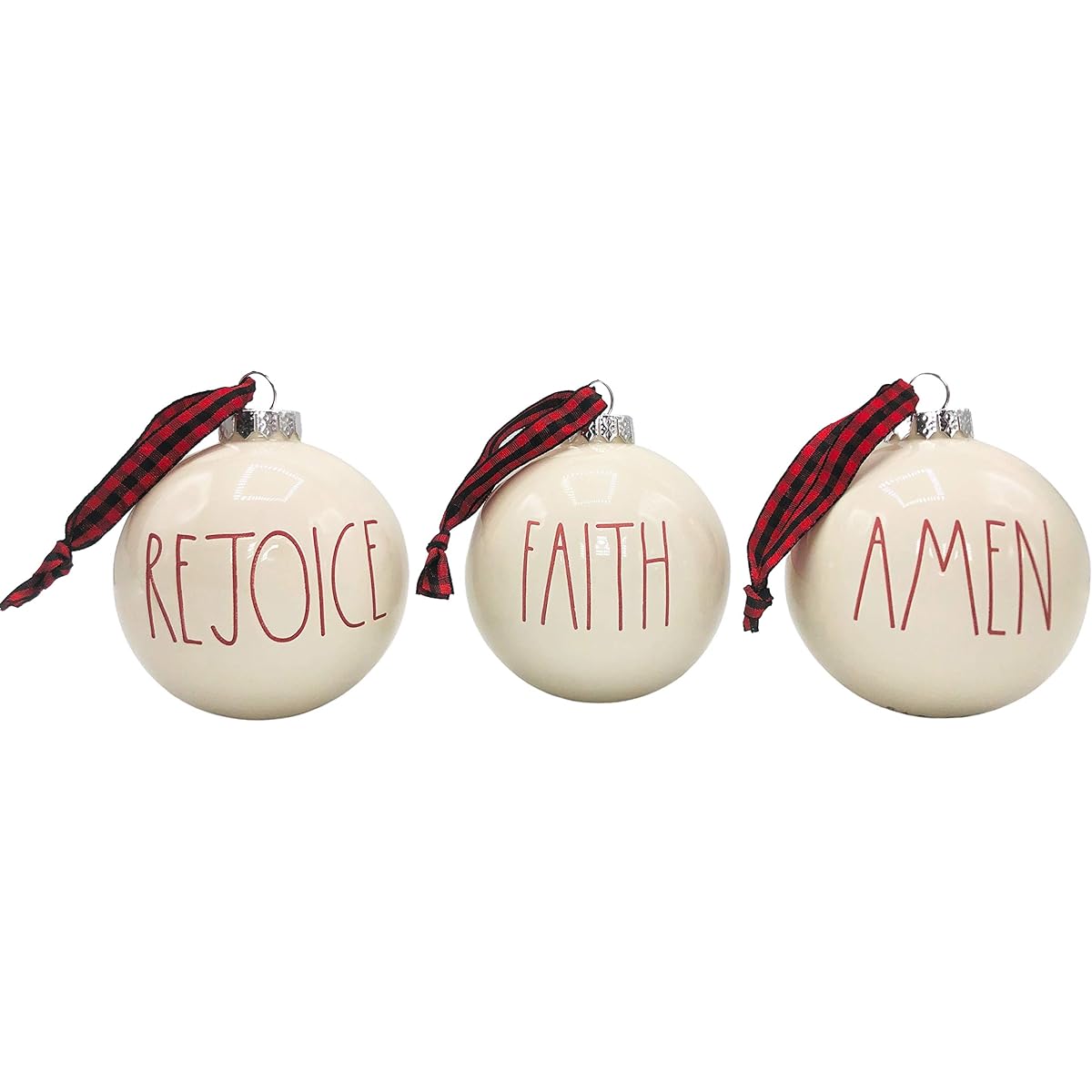 Rae Dunn White Ball Christmas Ornaments, Set of 3, Rejoice Faith Amen Ceramic Holiday Ornaments for Christmas Tree with Red Plaid Hanging Ribbon
