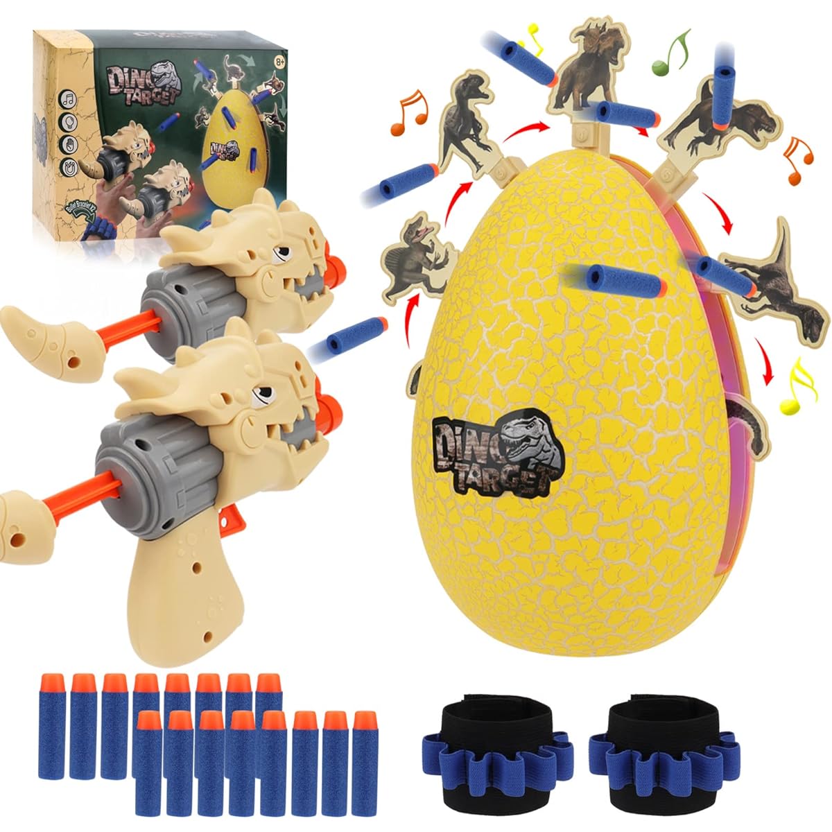 Shooting Game Toys for Kids, Electric Dinosaur Egg Shooting Toy with Lights & Sounds, 8 Dinosaur Targets, 2 Toy Guns, 16 Foam Darts, Ages 5 6 7 8 9 10+, Great Gift for Boys/Girls