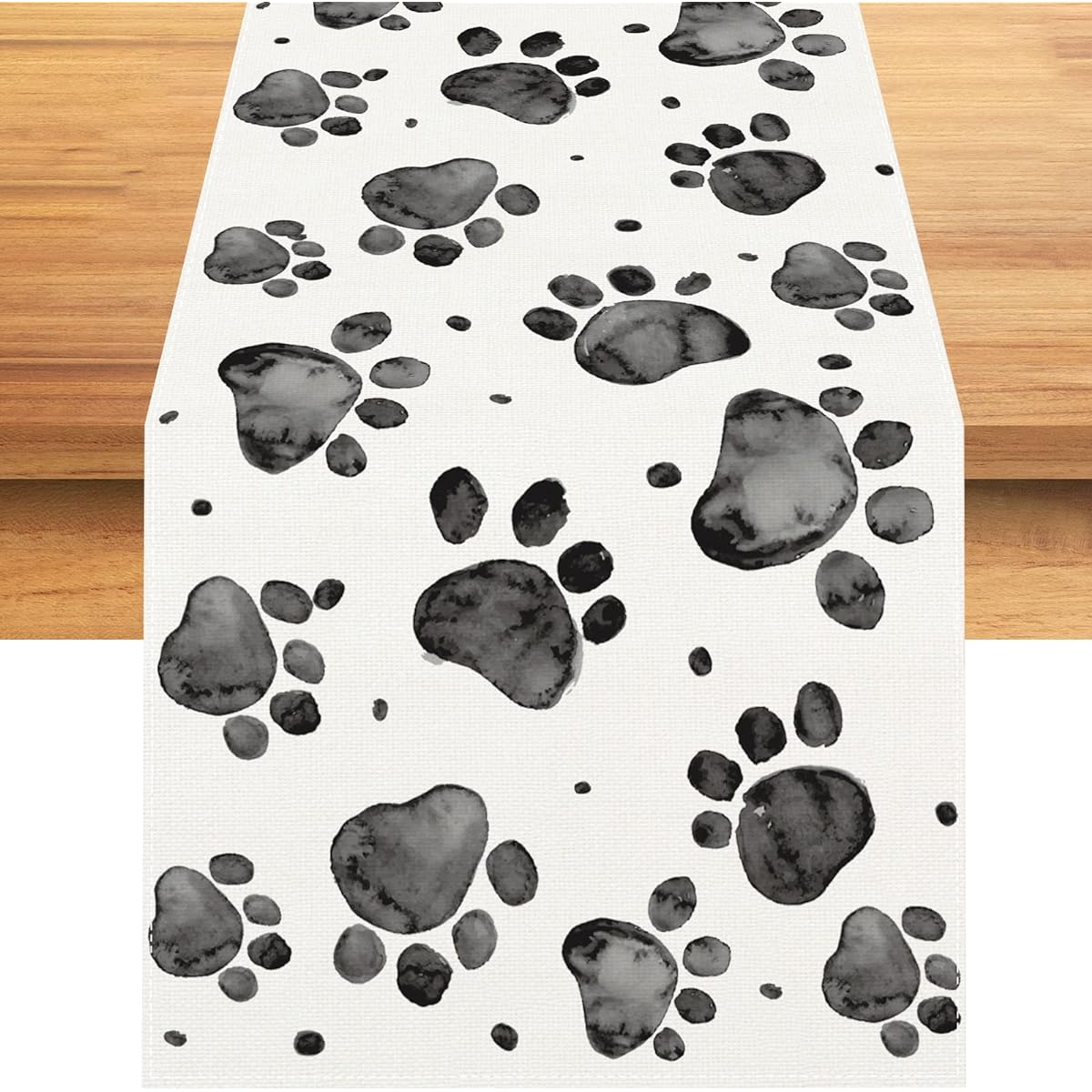 Rvsticty Linen Watercolor Black and White Paw Print Table Runner Happy Birthday Tablecloth Party Decorations and Supplies Home Kitchen Table-13x72 Inch