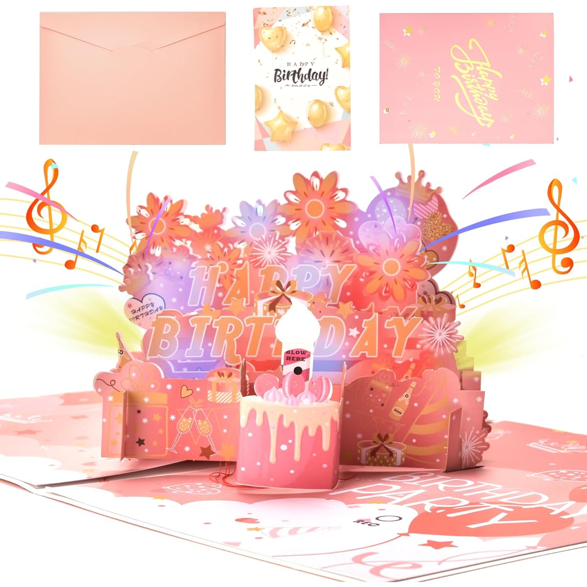 Birthday Card Pink Musical Birthday Card 3D Pop Up Surprise Greeting Card Voice Recordable Greeting Card with LED Light Candle and Happy Birthday Song Music Birthday Gift for Women