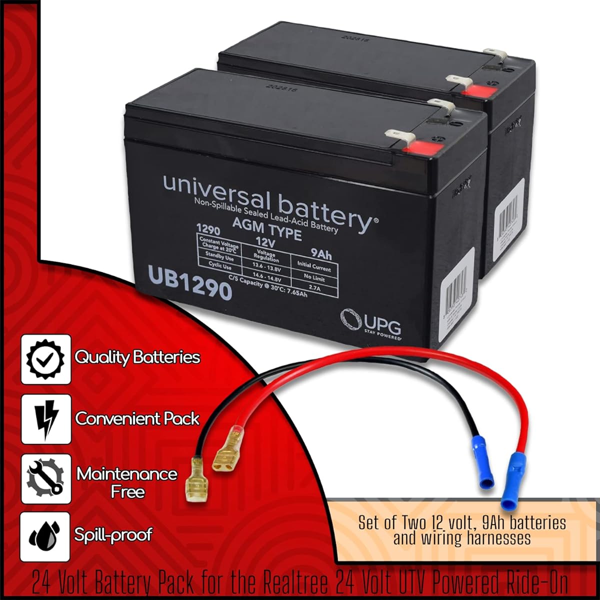 AlveyTech 24 Volt (9Ah) Battery Pack with Universal Harness for Dynacraft Ride-On - Replacement x 2 12V Electric Kids Car Toy, Realtree UTV, Kid Toy Jeep