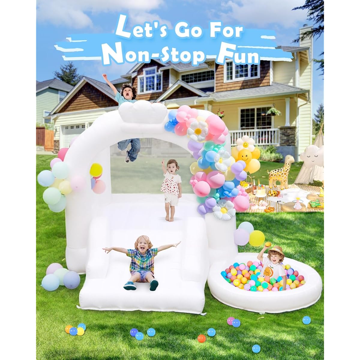 Step4Fun White Bounce House with Sliding Ball Pit for Family Backyard Inflatable Bouncy Castle with Blower for Wedding Party Kids Birthday Party Gift Easy Installation Durable Oxford Cloth
