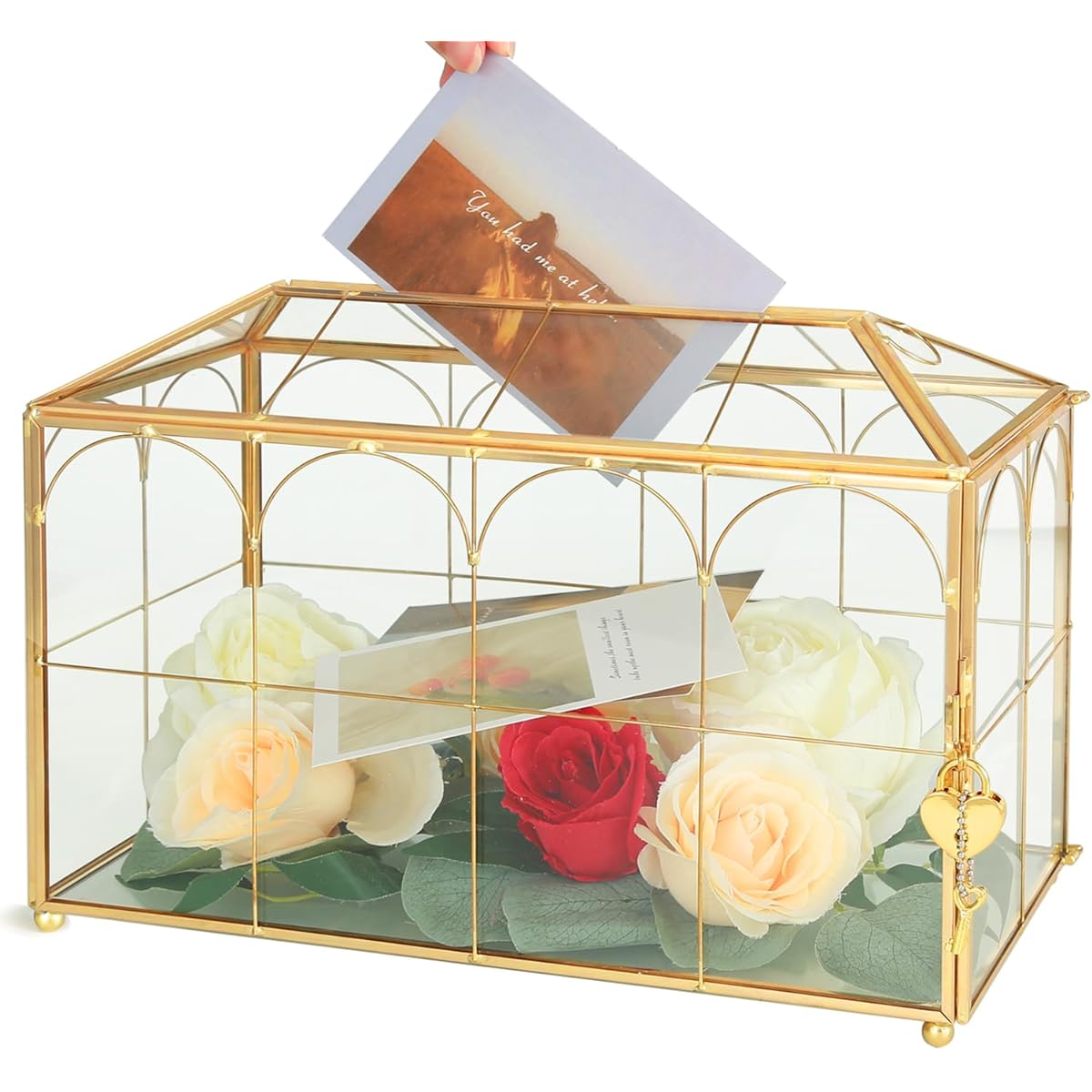 Ripprovt Glass Wedding Card Box with Lock 12.6 x 5.9 x 9 inches Large Gold Card Box for Wedding Reception Graduation Favor Display Party Centerpiece Gift Card Box