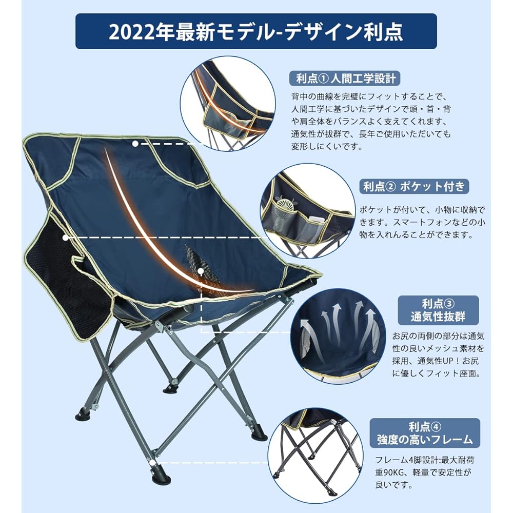 SOHAPI Outdoor Chair, Camping Chair, Camping Chair, Folding, Stylish, Camping Chair, Outdoor Chair, Camping Chair, Compact, Seat Chair, Lightweight, High Back Chair, Fishing, Climbing, Load Capacity: 80kg, Storage Bag Included (Navy/Middle Back Chair)