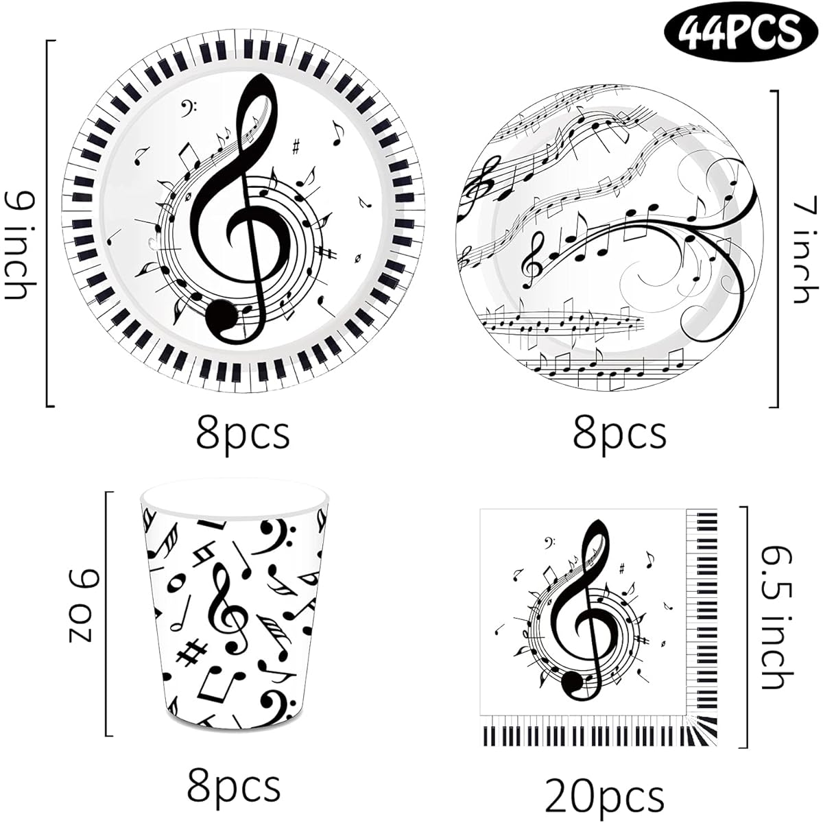 44pcs Piano Notes Tableware Party Supplies Decorations - Disposable Dinner Dessert Plates Napkins Paper Cups - Music Birthday Party Supplies Party Favors
