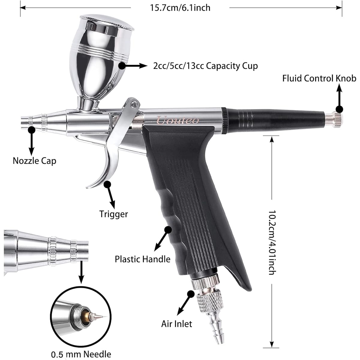 Uouteo Airbrush Trigger Double Action Trigger Airbrush Gun with 0.5mm Needle 2CC/5CC/13CC Paint Cup for Painting