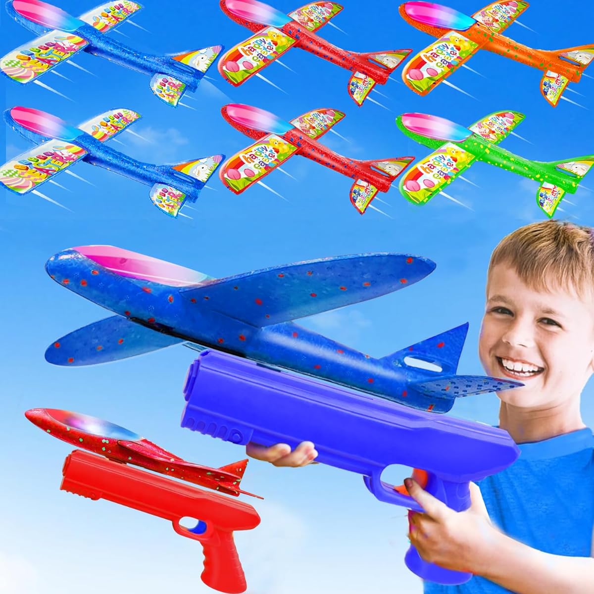 iGeeKid 6 Pack Easter Airplane Toys LED Foam Airplane Toys for Boys Outdoor Easter Basket Stuffing Toys Boys Girls Birthday Gift 4 5 6 7 8 9 10 11 12 Years Old