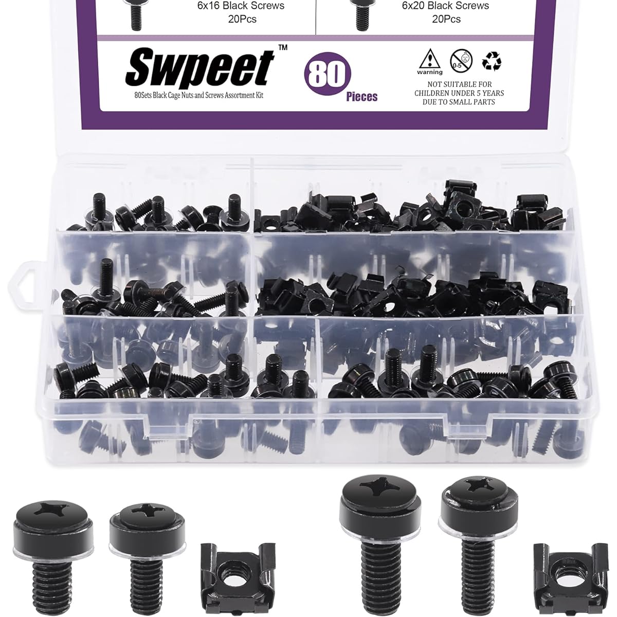 Swpeet 80 Pack 4 Sizes M5 M6 Black Computer Mount Cage Nuts and Screws Metal & Plastic Washers Assortment Kit Square Hole Hardware Cage Nuts & Mounting Screw Washers