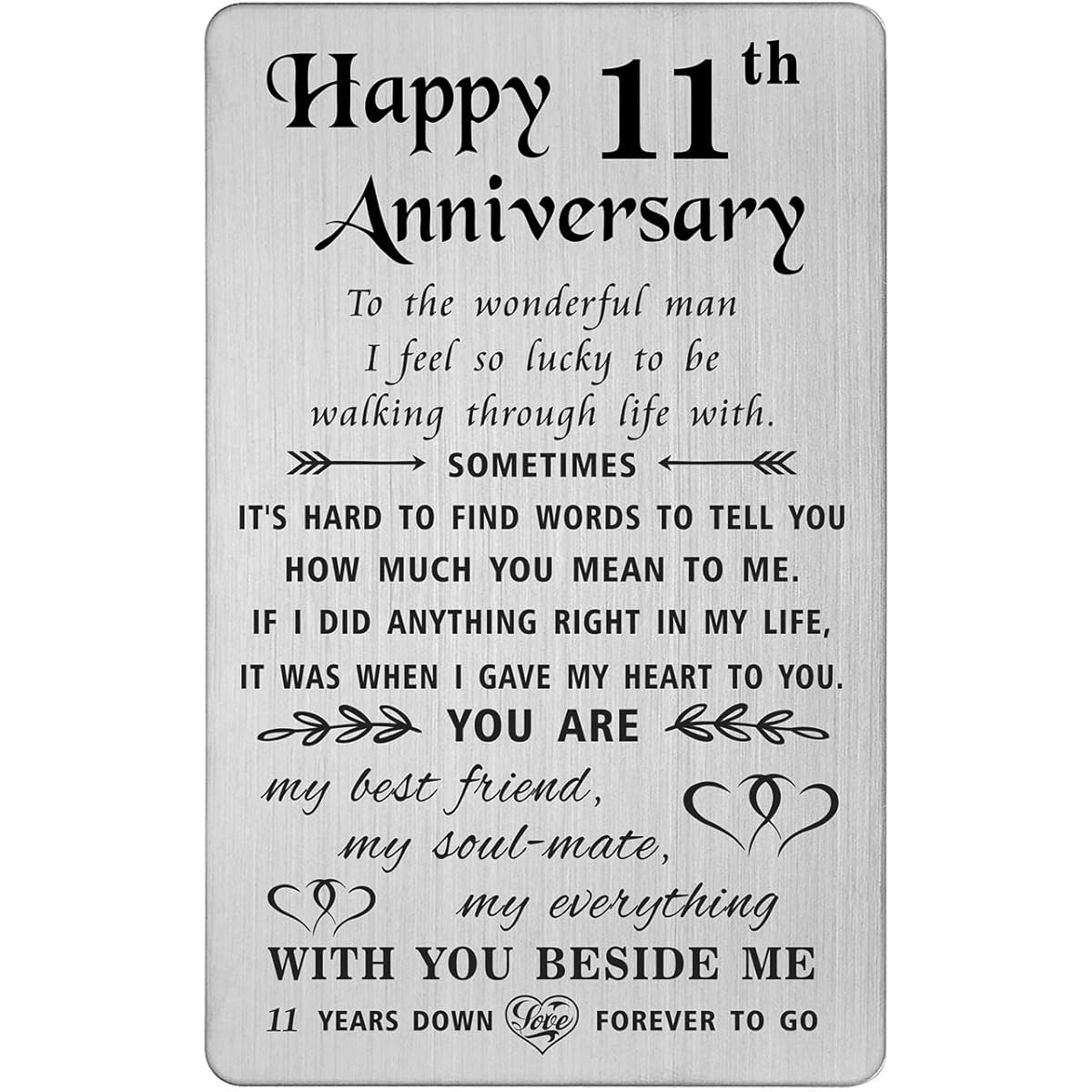 TANWIH 11th Anniversary Card Gift for Him Husband Steel 11 Year Wedding Anniversary Card for Men Engraved Metal Wallet Insert