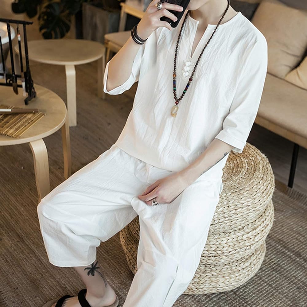 [JIAYBL] Men's T-shirt, Plain Top and Bottom Setup, Tops, Half Shorts, Loungewear, Large Size, Spring/Summer
