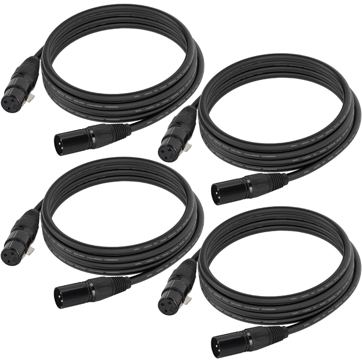 Gruolin DMX Cable 10ft 4 Pack 3m DMX Light Cable DMX Wire 3 Pin XLR Male to Female Stage Signal Cable with Metal Connector for DMX512 Stage & DJ Lighting Fixtures
