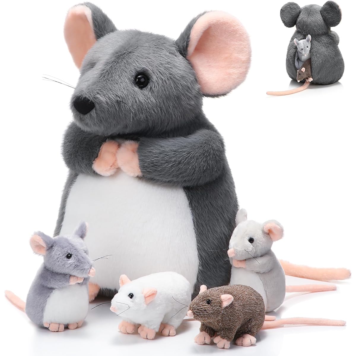 Arrowbash Rat Stuffed Toys Set of 5 14 Inch Large Mama Mouse Stuffed Animals 4 Little Mouse Babies with Zipper Belly Soft Cuddly Rat Stuffed Animals Boys Girls Birthday New Year Decoration Gift
