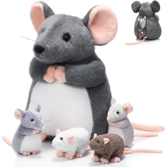 Arrowbash Rat Stuffed Toys Set of 5 14 Inch Large Mama Mouse Stuffed Animals 4 Little Mouse Babies with Zipper Belly Soft Cuddly Rat Stuffed Animals Boys Girls Birthday New Year Decoration Gift