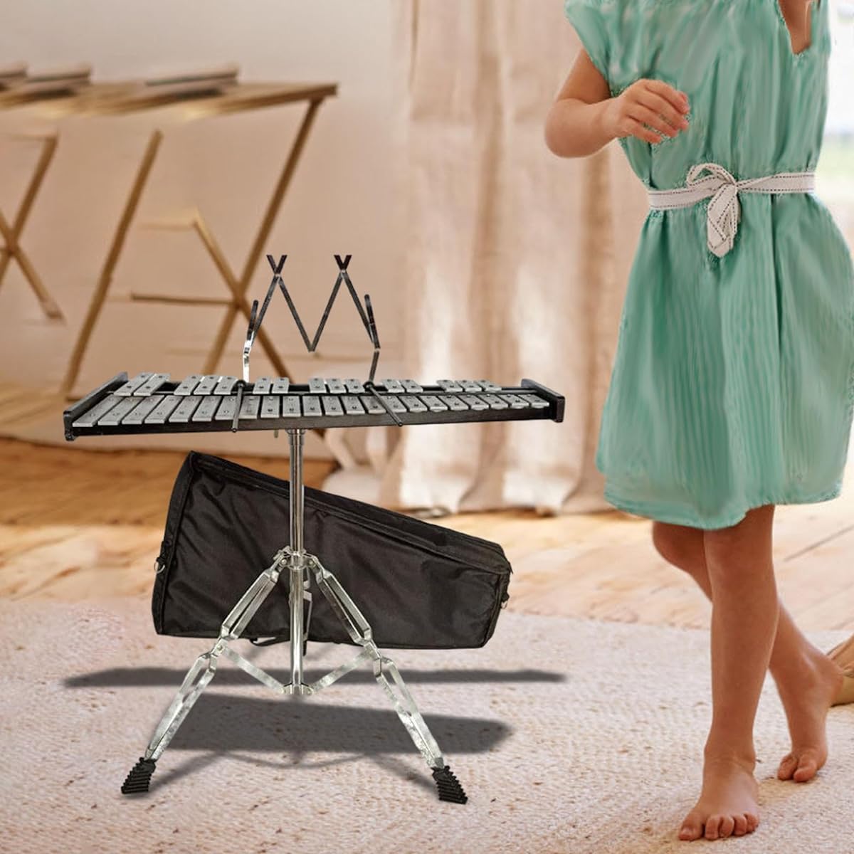 P Prettyia Professional 37 Notes Glockenspiel Xylophone Bell Percussion Instrument Set for Boys Girls, with Music Stand
