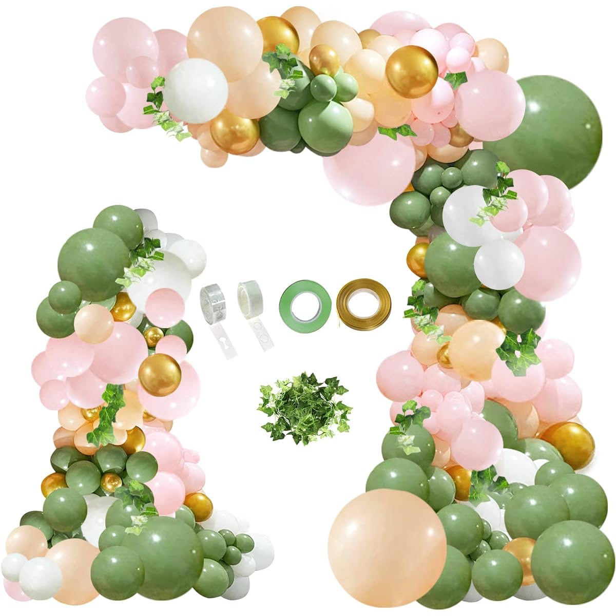 JULLIZ 148pcs Sage Olive Green Peach Blush Pink Balloon Garland Arch Kit with Ivy Leaves Jungle Safari Shower Birthday Theme Party Decorations Supplies