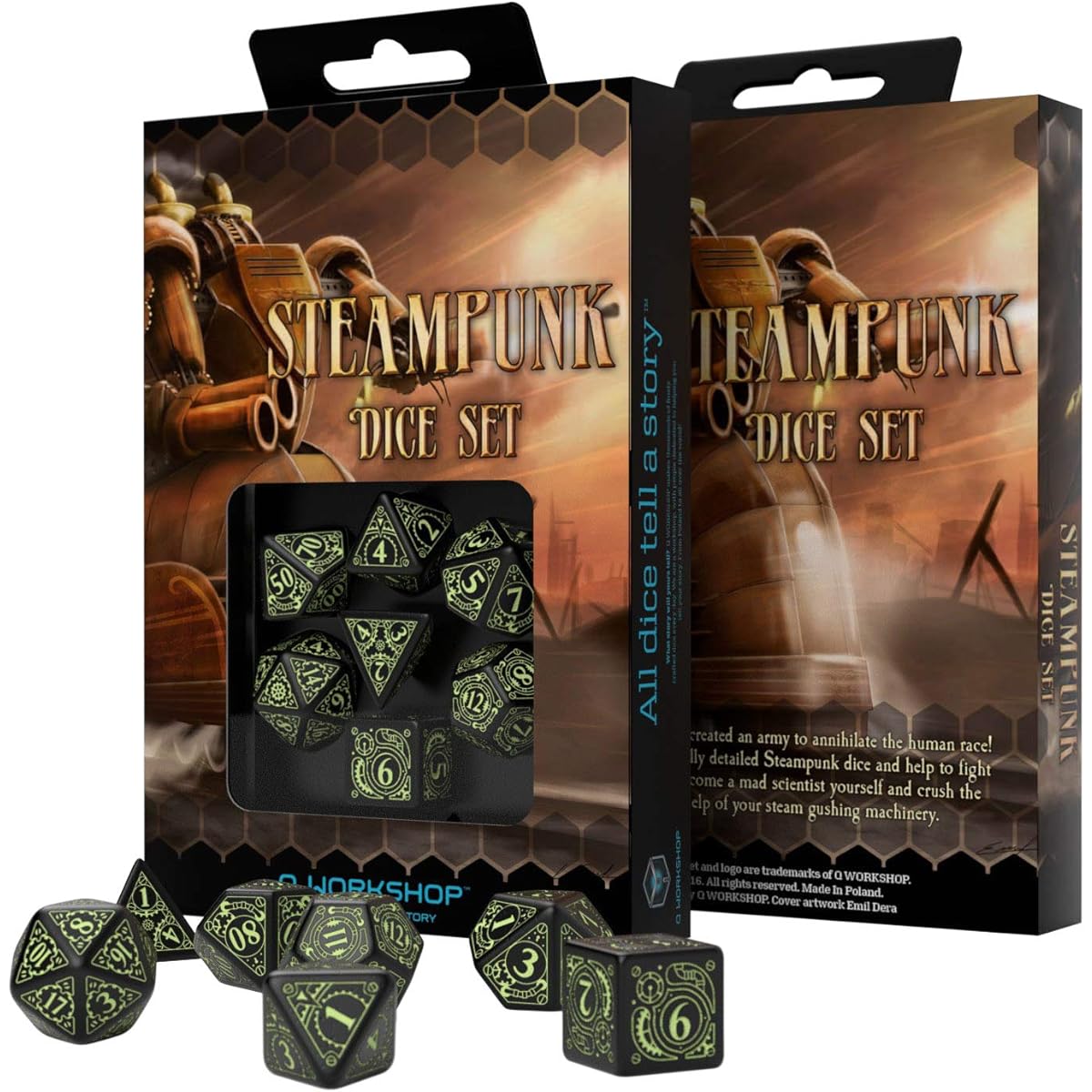 Black-glow in the dark Steampunk Dice set