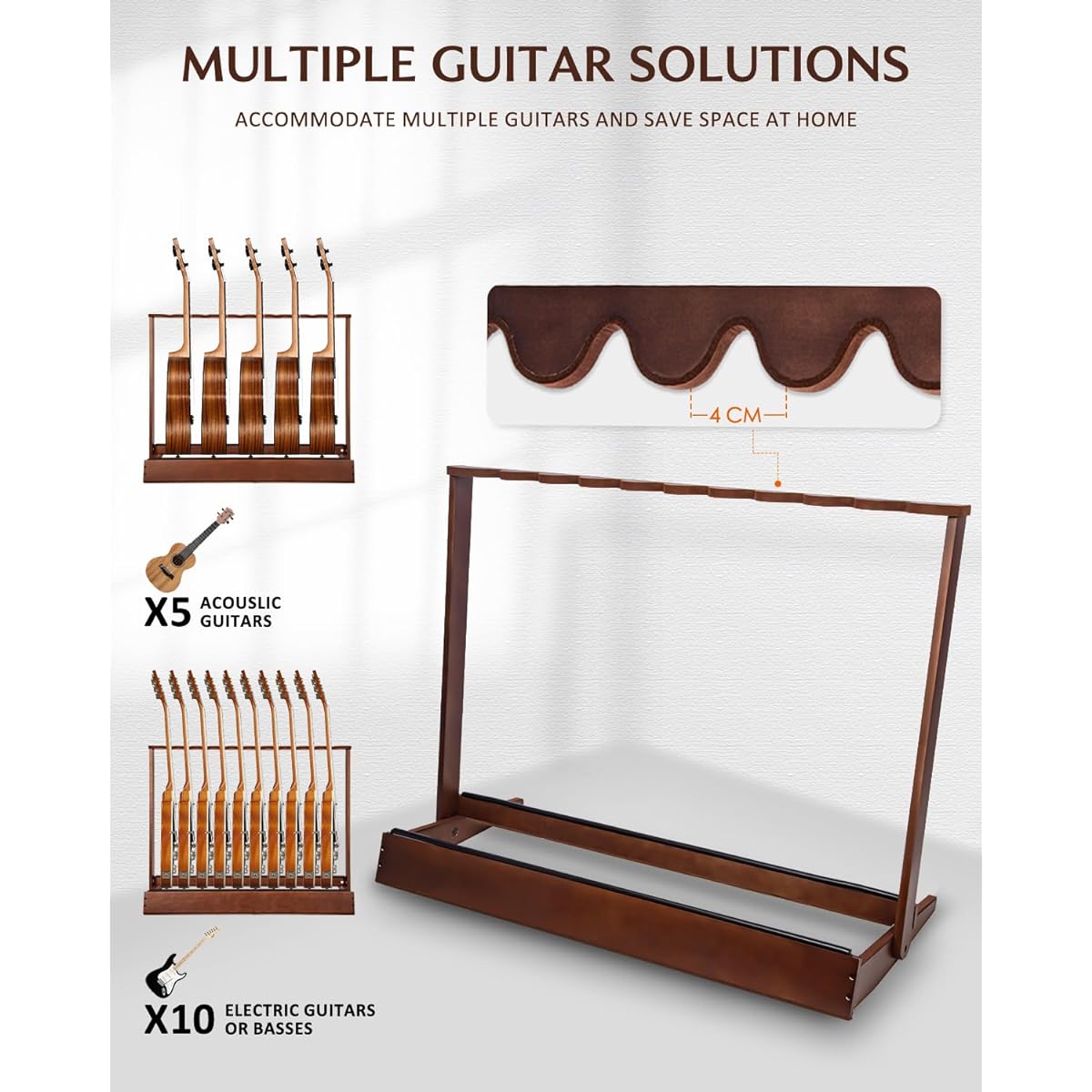 STRICH Multi-Guitar Rack Stand Hardwood Folding Display Holds up to 9 Electric Guitar Bass or 5 Acoustic Guitars for On-the-go Gig Home Studio SMT-20 (9 Holders)