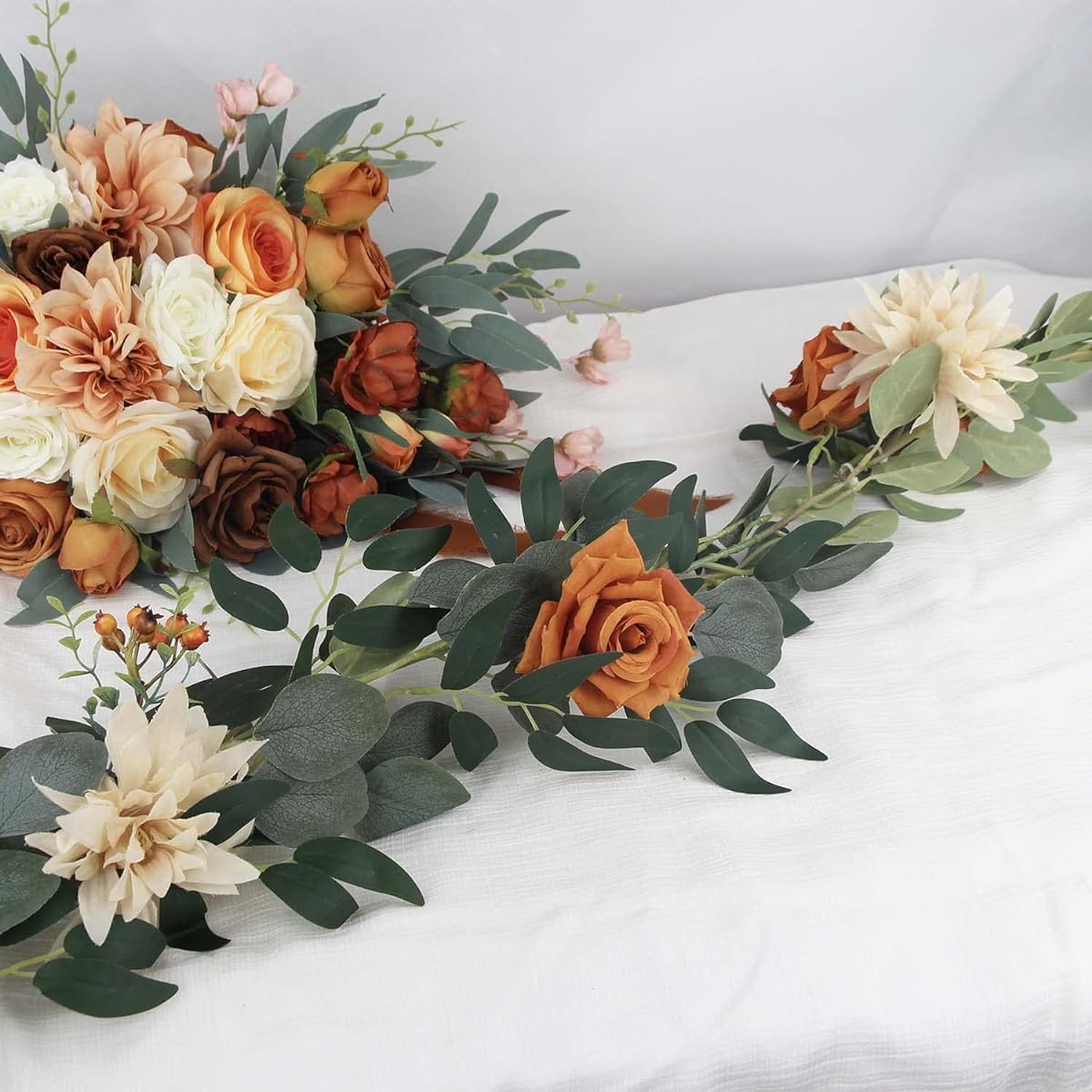 Rinlong 6.5ft Faux Flower Garland Rustic Burnt Orange Fall Table Runner Flower Garland Wedding Green Christmas Garland with Flowers for Dining Table Fireplace Mantle Fall Decor
