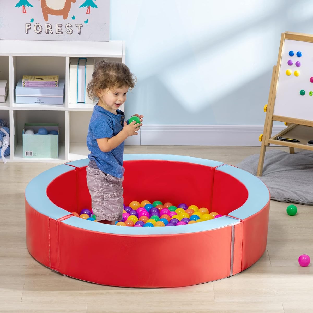 Outsunny Foam Baby Ball Pit Pool with Removable and Washable Cover, 45" x 10" Round Ball Pit for Toddlers with 200 Ocean Balls, Soft Playpen, Red