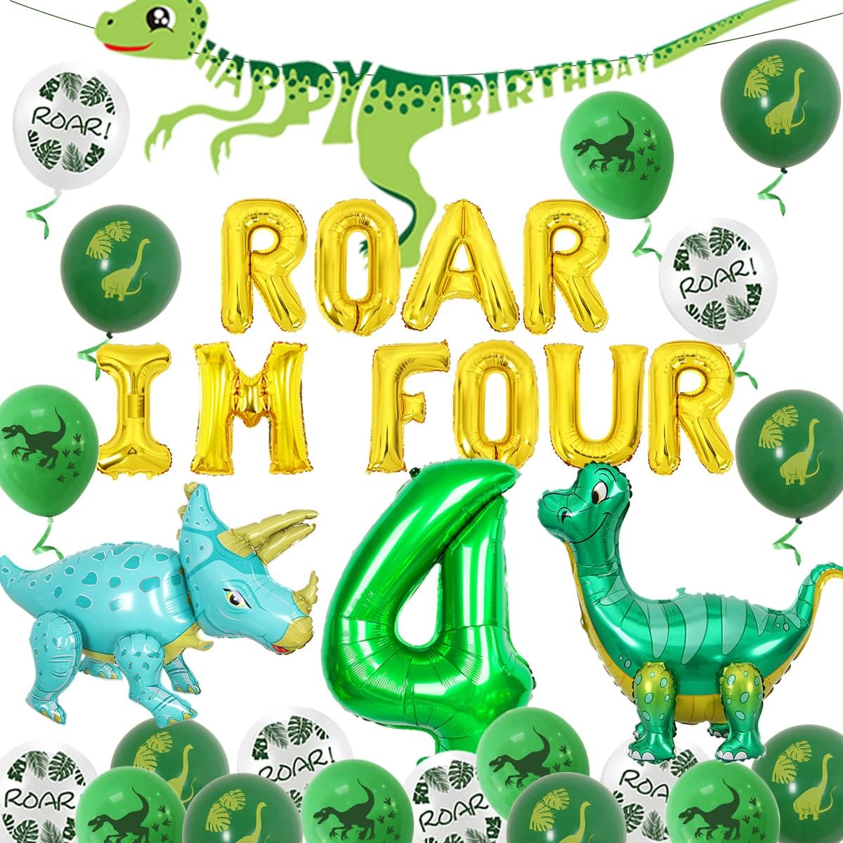 Dinosaur 4th Birthday Party Decorations,Roar Im 4th Birthday Decorations,Dinosaur Happy Birthday Banner,Number 4 Balloon,Jungle Dinosaur Themed Party Supplies