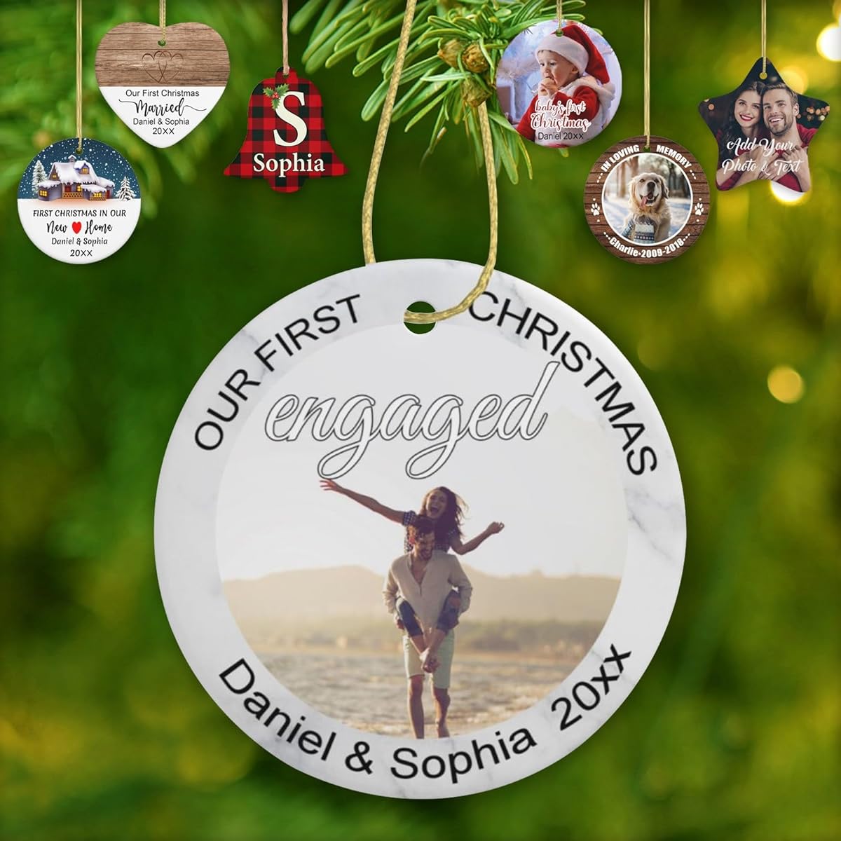 Personalized Photo Christmas Ornament Custom 2023 Christmas Engagement Ornament with Name Customized Christmas Tree Hanging Round Ceramic Ornament for Couple Engagement