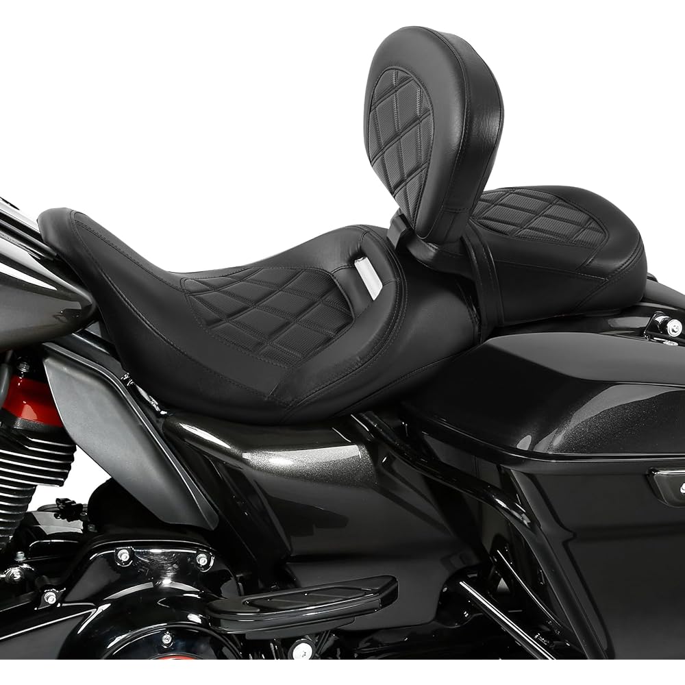 TCT-MOTORPARTS Low Profile Driver Passenger Seat with Driver Rider Backrest Pad for Harley Tour Pack Touring Road King 2009-2023 Black Stitch