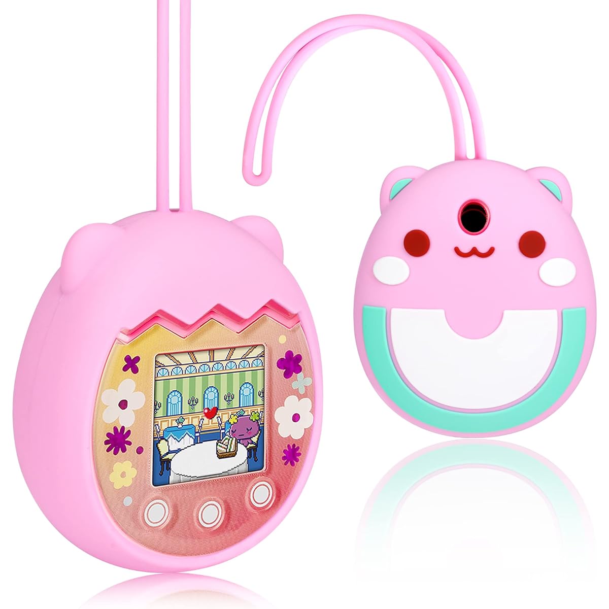 Meetikar Silicone Cover Compatible with Tamagotchi Pix Virtual Pet Game Machine Soft Cover for Tamagotchi Pix Case with Finger Strap (Pink)