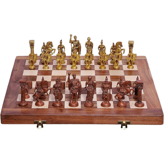 Artvarko 16" x 16" Wooden Foldable Chess Game Board Set + Brass Roman Figure Pieces