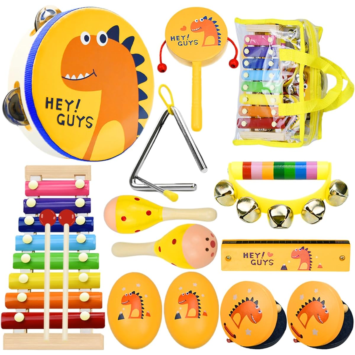 Toddler Musical Instruments for Babies 1-3, Wooden Music Toy Set | Percussion Drum, Xylophone, Maracas Shakers, Tambourine | 14 Pieces Dinosaur Instrumentos musicales para Niños Kit for Kids Early Education