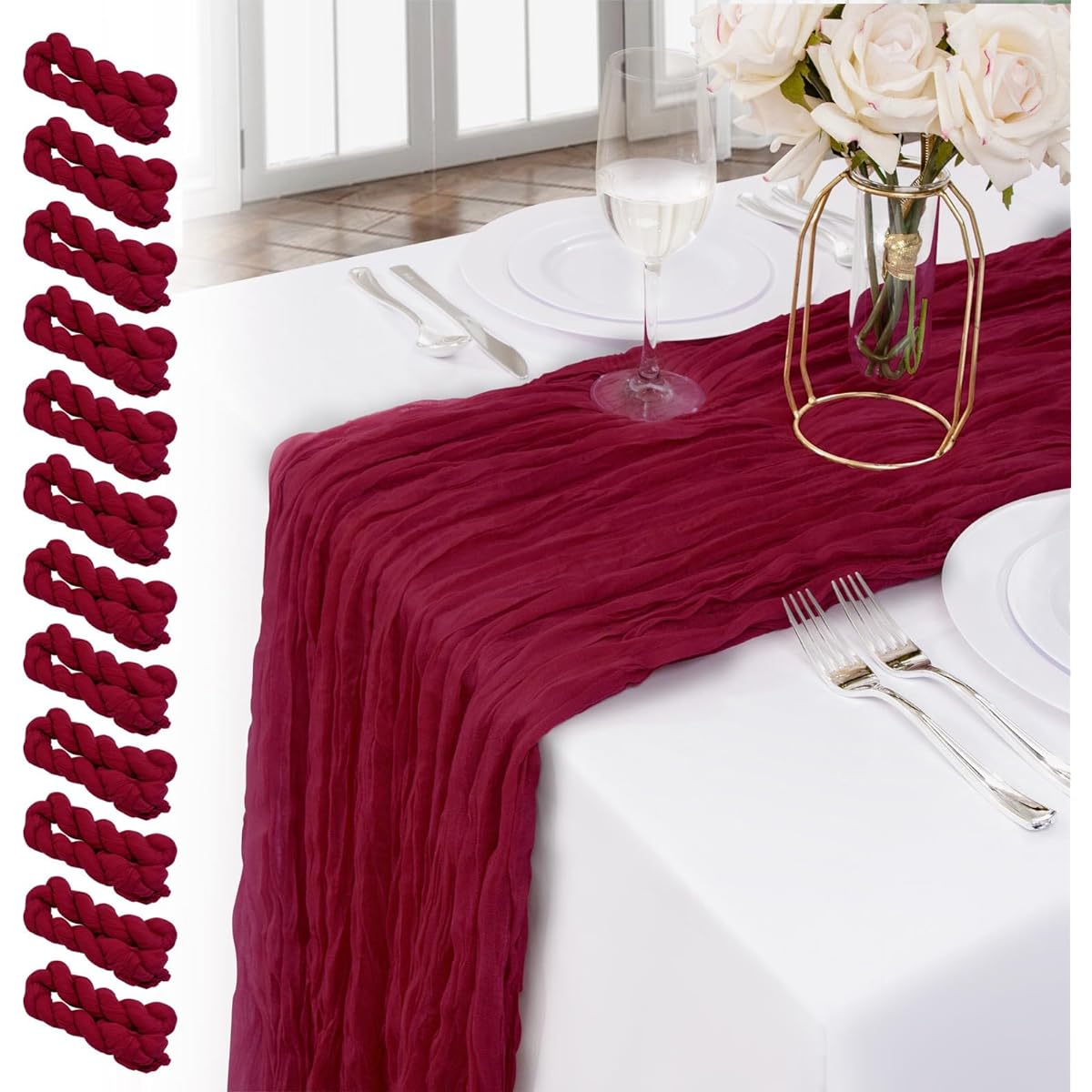 BUCLA 12 Pack 10ft Burgundy Cheesecloth Table Runner Boho Gauze Cheesecloth Romantic 35x120 inches for Wedding/Bridal Shower/Birthday Party
