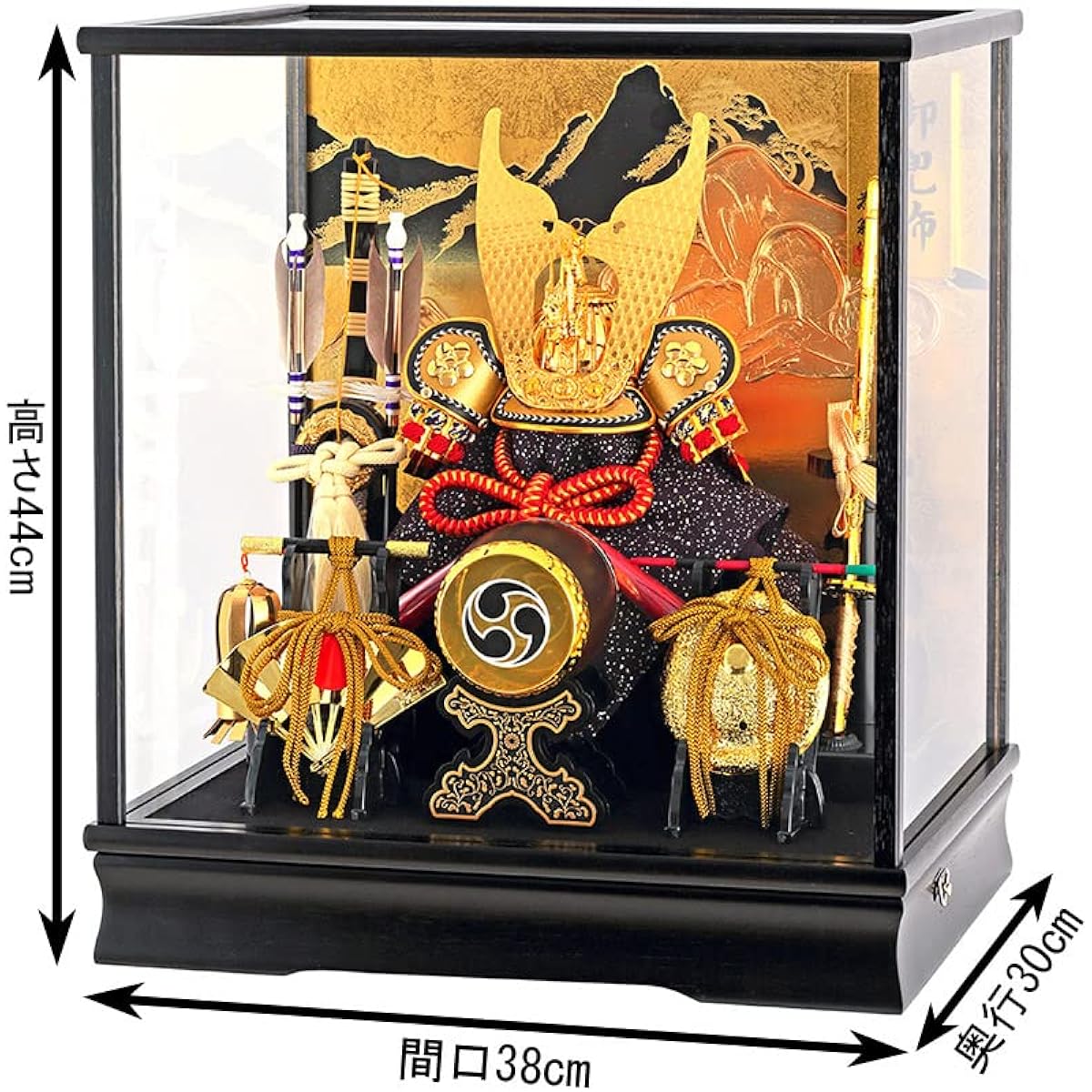 May doll by Fujio, helmet decoration, cased doll, Fugaku, landscape background, with music box, width 38 x depth 30 x height 47cm, h275-fncp-135-712-NA15