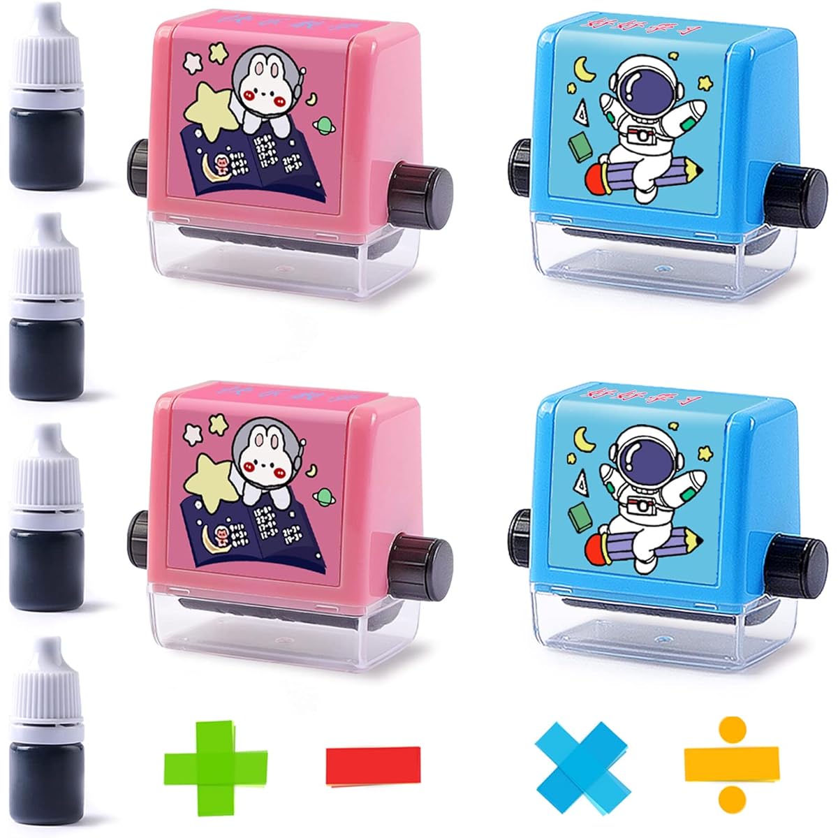4pcs Smart Math Roller Stamps Teaching Stamps for Kids Math Practice Stamps Addition Subtraction Multiplication Division Math Learning Stamps within 100 for Preschool/Classroom Supplies