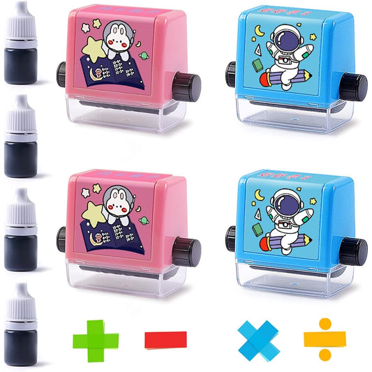 4pcs Smart Math Roller Stamps Teaching Stamps for Kids Math Practice Stamps Addition Subtraction Multiplication Division Math Learning Stamps within 100 for Preschool/Classroom Supplies
