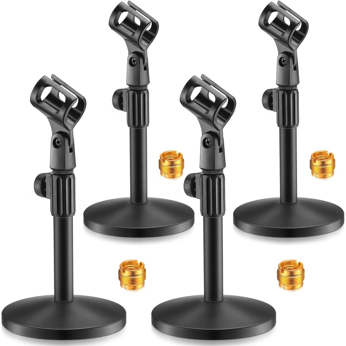 Hoteam 4 Pieces Desktop Microphone Stand Adjustable Table Microphone Stand Mic Clip Mic Stand Desk with 5/8" Male to 3/8" Female Thread Metal Round Base for Table Desk Interview Black
