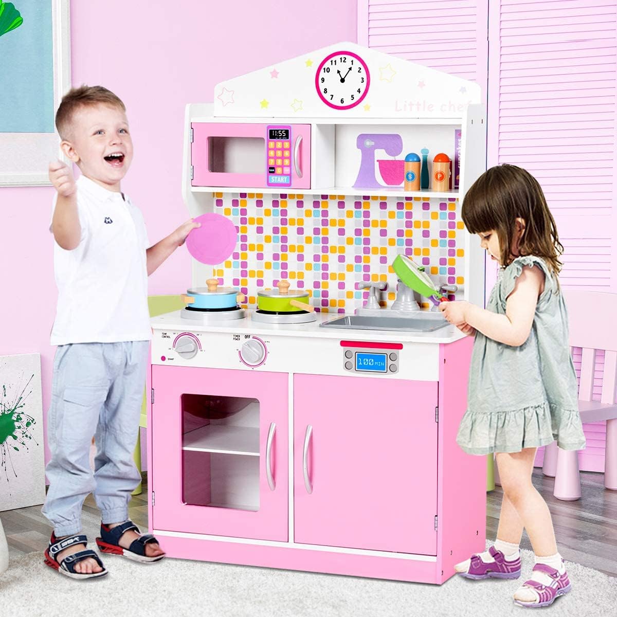 MAT EXPERT Kitchen Play Set for Kids, Wooden Kitchen Pretend Play Set with Removable Sink & Utensils, Toddler Kitchen Play Set with Microwave, Play Kitchen Toy Set for Ages 3+, Boys & Girls (Pink)
