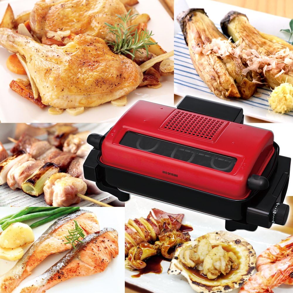 Iris Ohyama Fish Grill Smokeless Roaster Multi Roaster Fish Griller Red EMT-1101-R