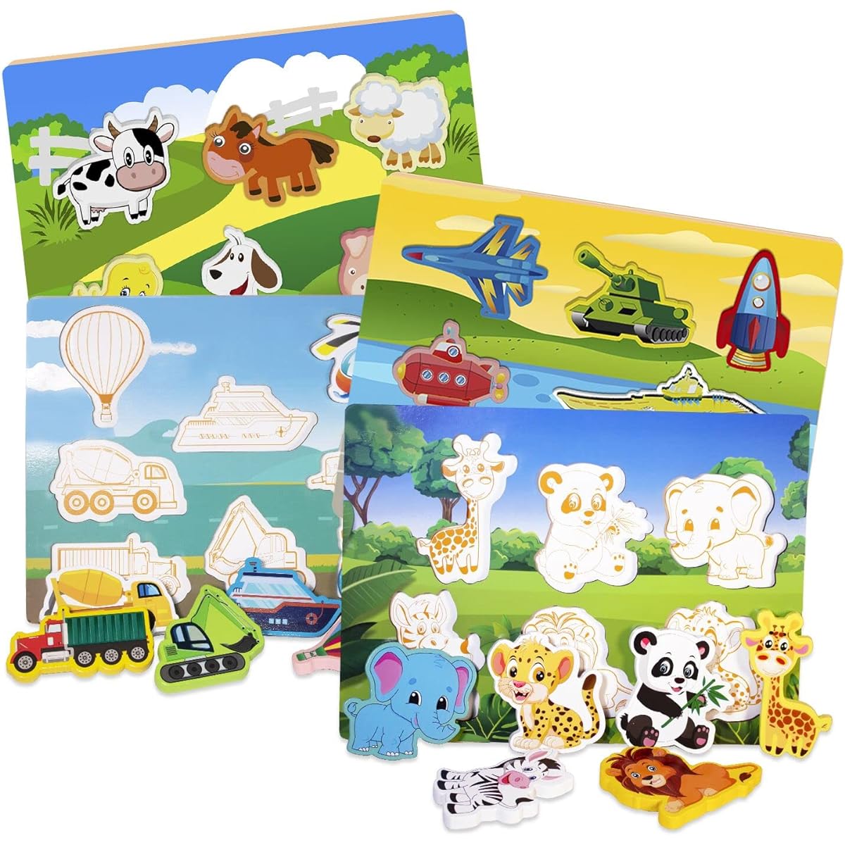 Colorful Wooden Toys Cartoon Toddlers 1-3 Years Old Farm Animals Wooden Puzzle (4 Pack)
