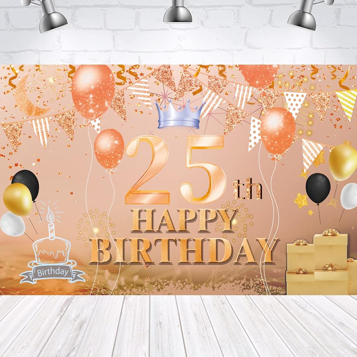 Happy 25th Birthday Backdrop Banner, Rose Gold 25 Years Old Sign Poster, 25th Birthday Party Supplies, Anniversary Photo Booth Photography Background, Birthday Party Decorations, 72.8 x 43.3 Inch