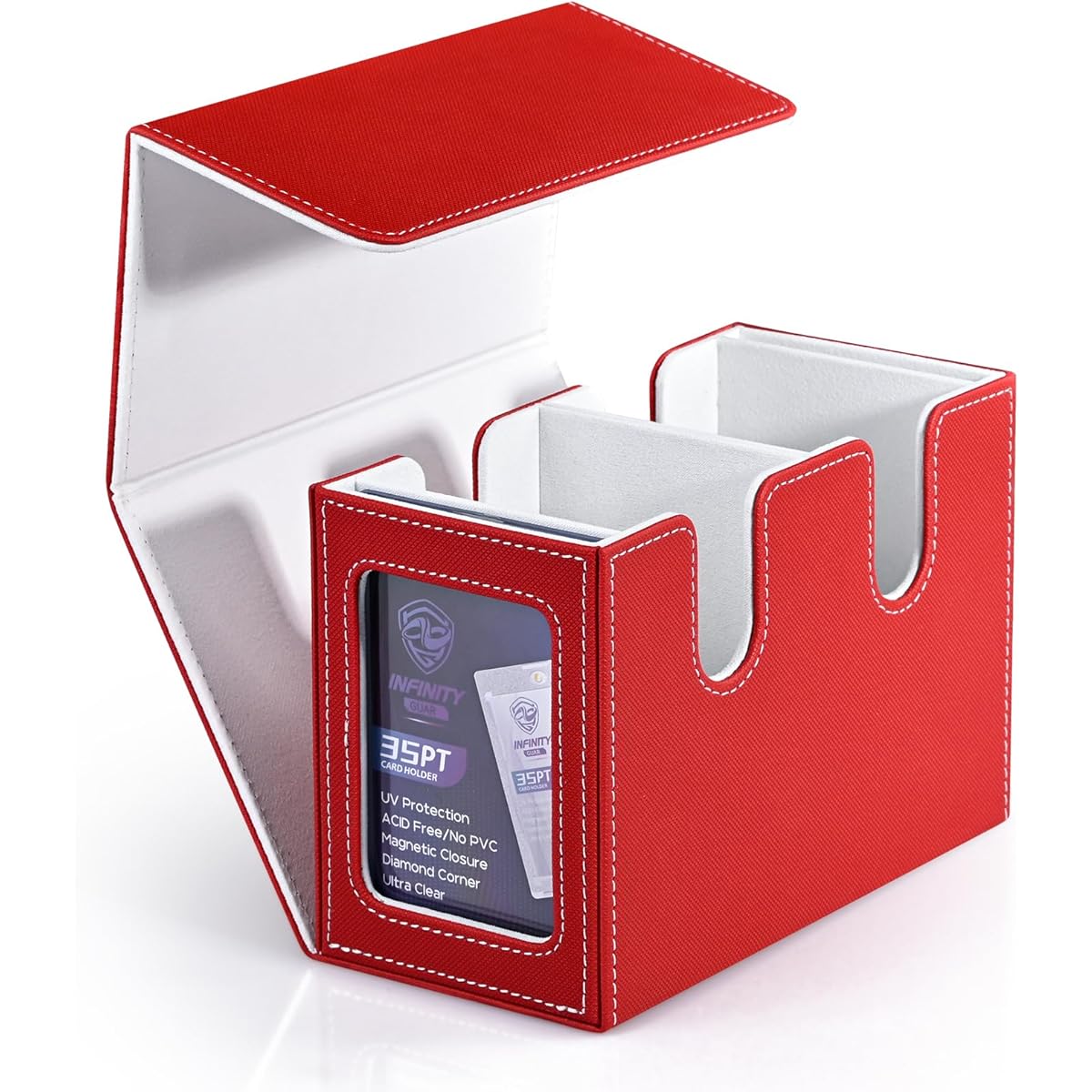 Infinity Guard MTG Deck Box with 2 Commander Displays, Double Deck Box for 280+ Single Sleeved Cards, Leather Magnetic Card Storage Box for TCG CCG Magic Cards (Red & White)