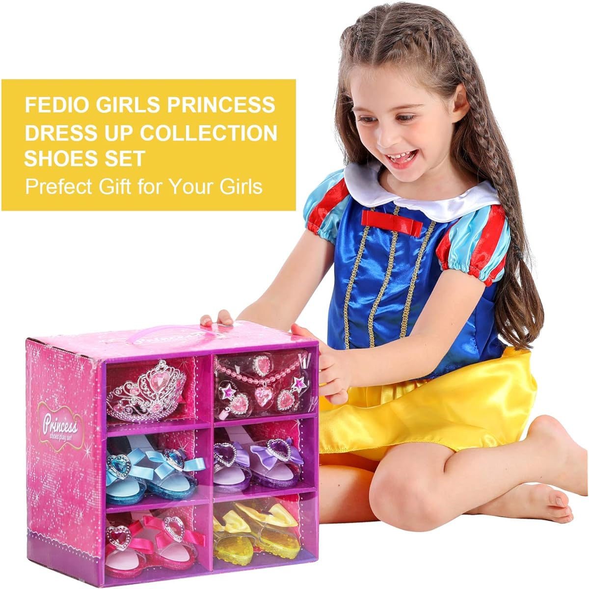 Fedio Girls Princess Dress Up Shoes Role Play Collection Shoe Set with Princess Tiara and Accessories Jewelry